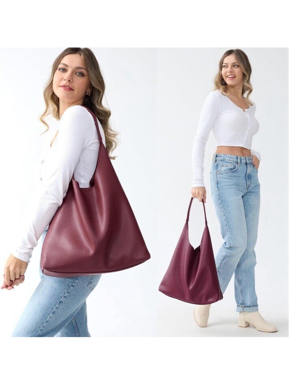 Hoxis Soft Vegan Leather Hobo Slouchy Shoulder Bag in Dark Red/Burgundy